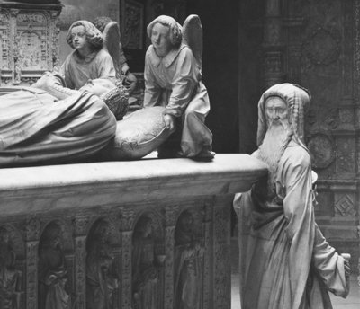 Nantes, Sint-Pieter en Sint-Pauluskathedraal, graf van Frans II, hertog van Bretagne en Marguerite van Foix, achteraanzicht van de Voorzichtigheid bekend als een zelfportret van Michel Colombe, 1502-07 (detail) door Michel Colombe